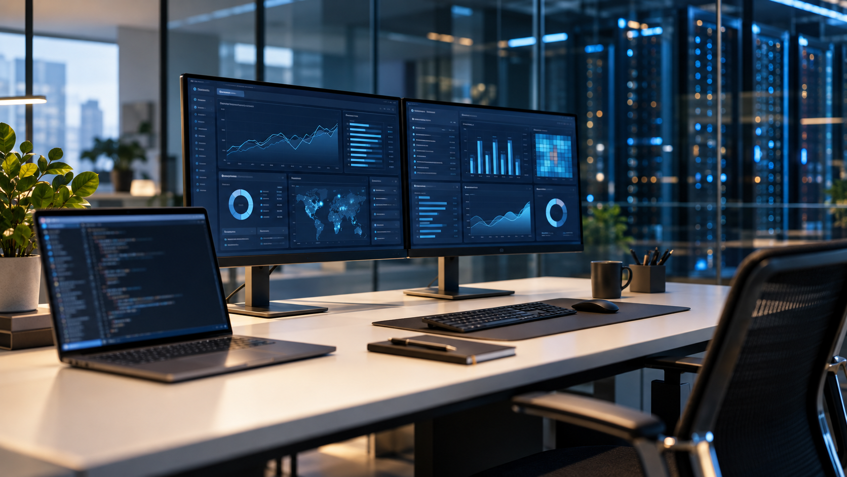 Illustrative analytics workstation with dashboards and code on multiple screens
